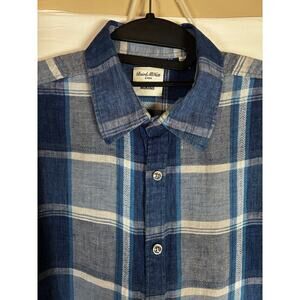 Baird McNutt Murano Linen Long Sleeve Mens L Button Up Dress Shirt Plaid Blue
